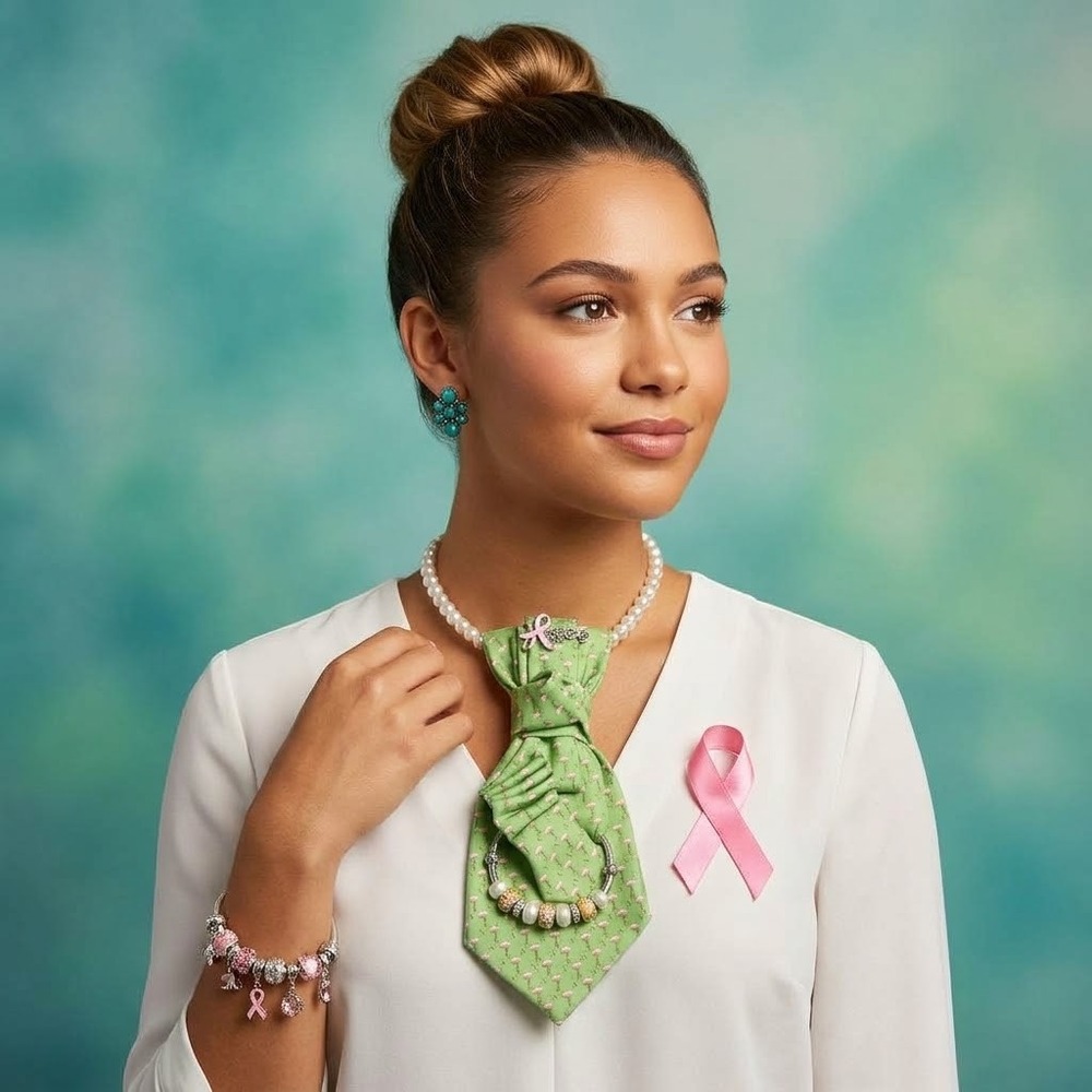 Breast Cancer Awareness Set South Beach Flamingo Tie Pearl Necklace Bracelet